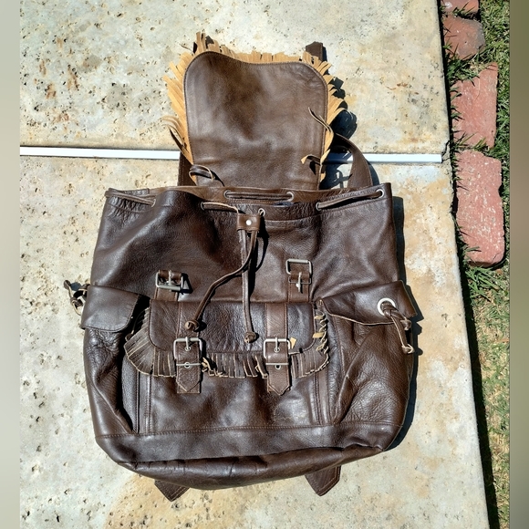 Avirex brown large oversized adjustable straps buckle leather knapsack - Picture 3 of 8